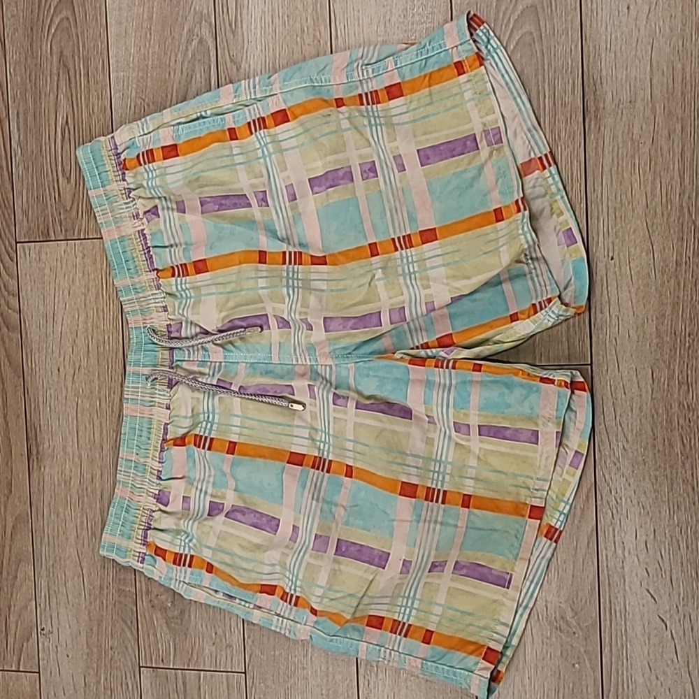 VILEBREQUIN Light Blue Green Purple Orange Plaid XL Mens Beach Swim Trunks